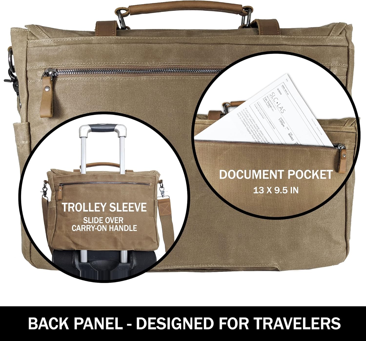 Canvas Messenger Bag for Men, Portable Office with Laptop Case and Trolley Slot, Practical Organizer with Multiple Compartments, Waxed Canvas and Genuine Leather Vintage Satchel, Brown - Image 4