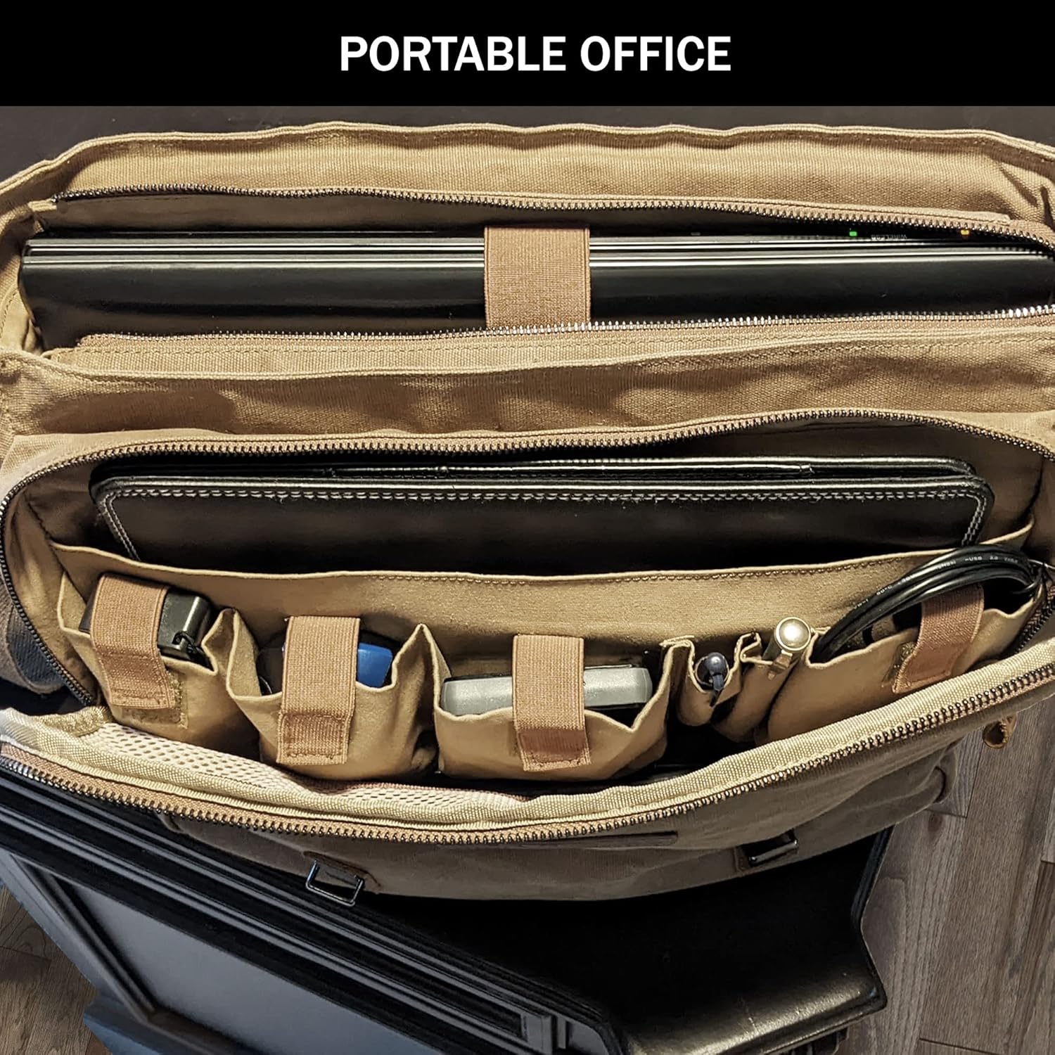 Canvas Messenger Bag for Men, Portable Office with Laptop Case and Trolley Slot, Practical Organizer with Multiple Compartments, Waxed Canvas and Genuine Leather Vintage Satchel, Brown - Image 6