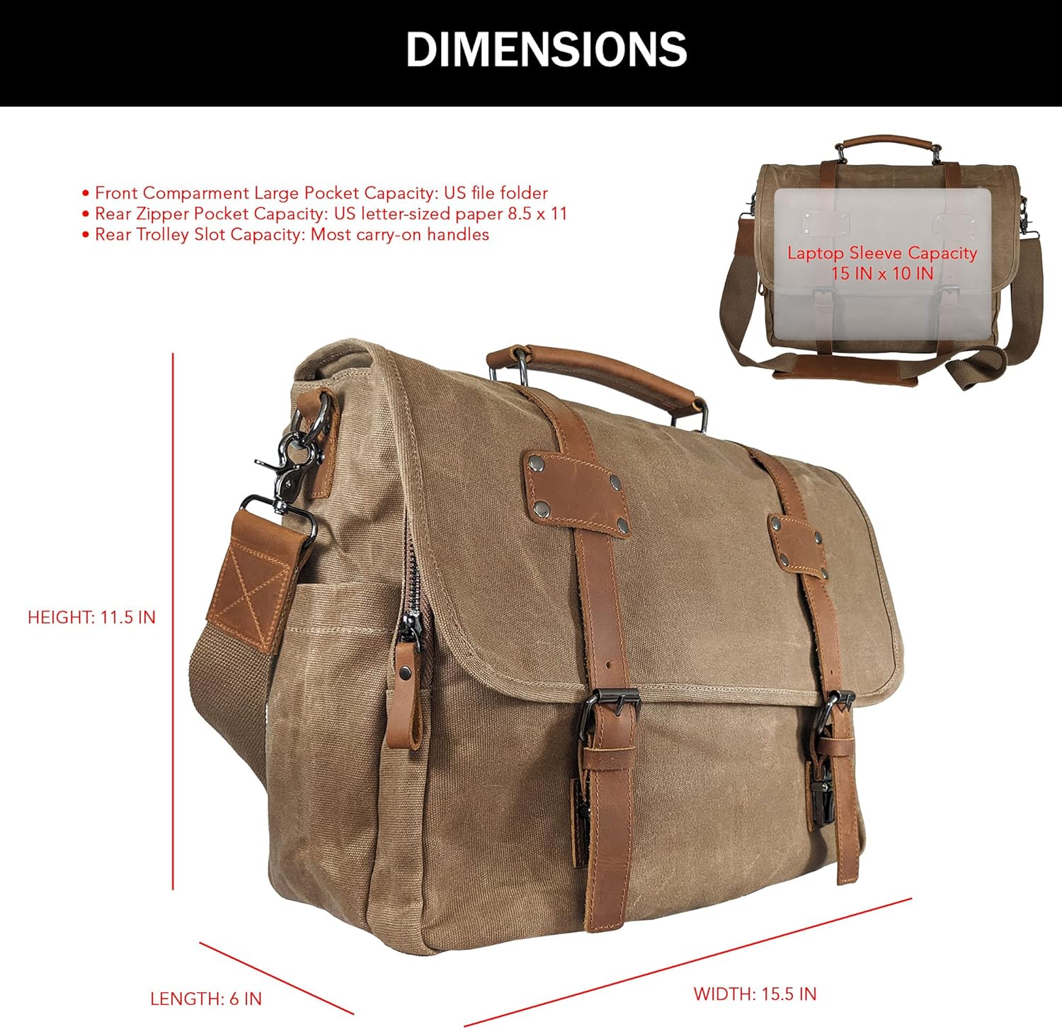 Canvas Messenger Bag for Men, Portable Office with Laptop Case and Trolley Slot, Practical Organizer with Multiple Compartments, Waxed Canvas and Genuine Leather Vintage Satchel, Brown - Image 7