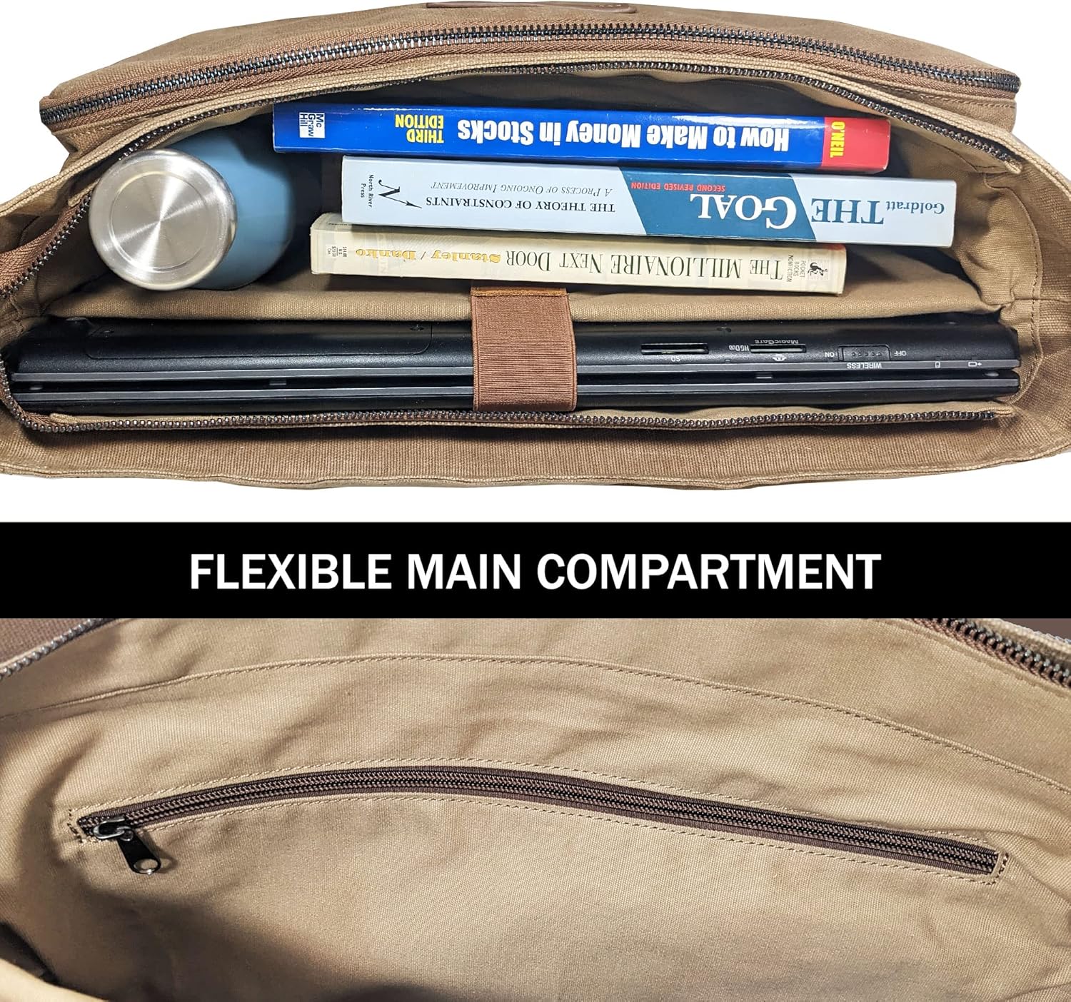 Canvas Messenger Bag for Men, Portable Office with Laptop Case and Trolley Slot, Practical Organizer with Multiple Compartments, Waxed Canvas and Genuine Leather Vintage Satchel, Brown - Image 2