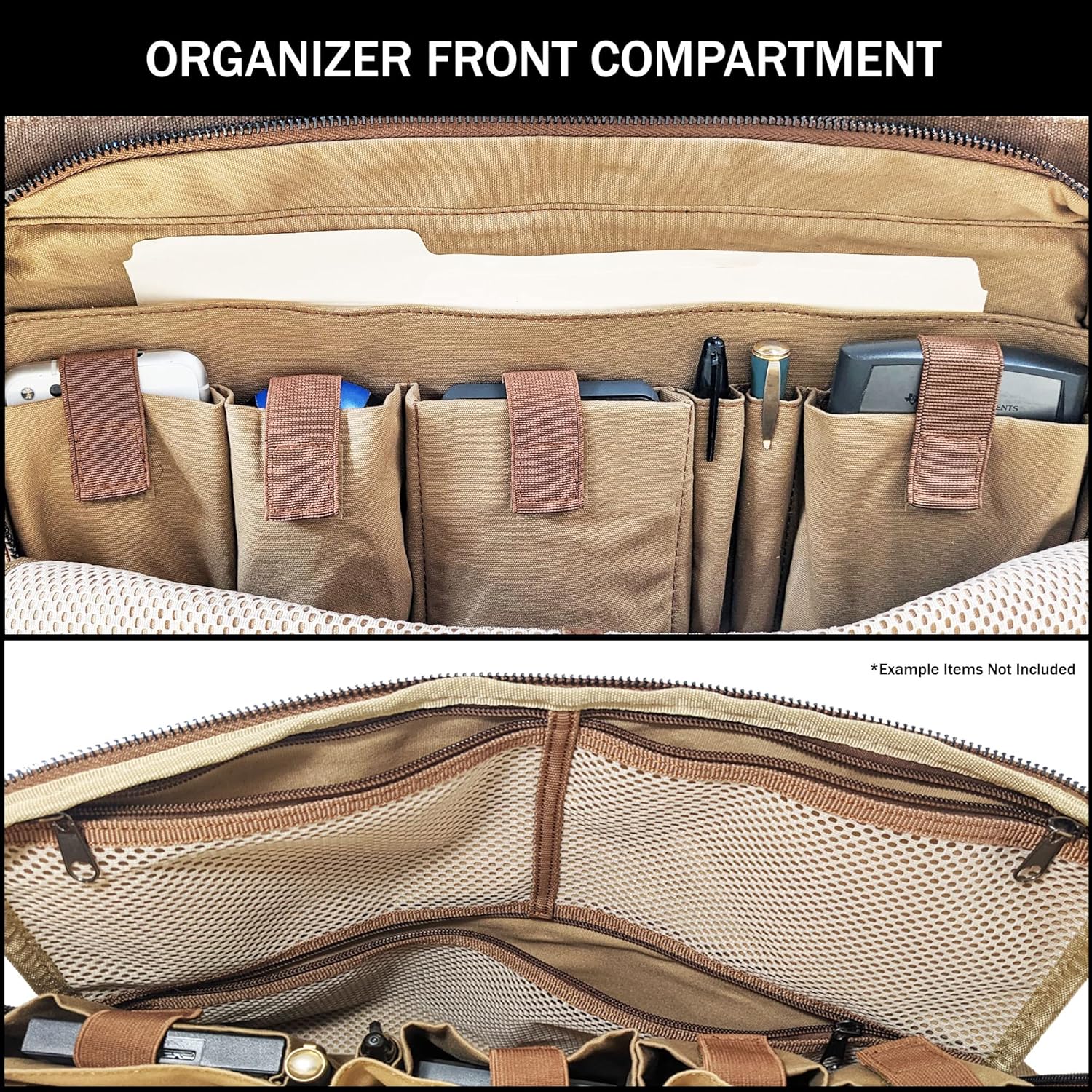 Canvas Messenger Bag for Men, Portable Office with Laptop Case and Trolley Slot, Practical Organizer with Multiple Compartments, Waxed Canvas and Genuine Leather Vintage Satchel, Brown - Image 3