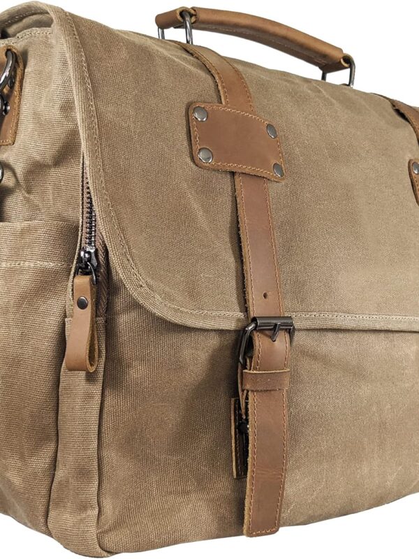 Canvas Messenger Bag for Men, Portable Office with Laptop Case and Trolley Slot, Practical Organizer with Multiple Compartments, Waxed Canvas and Genuine Leather Vintage Satchel, Brown