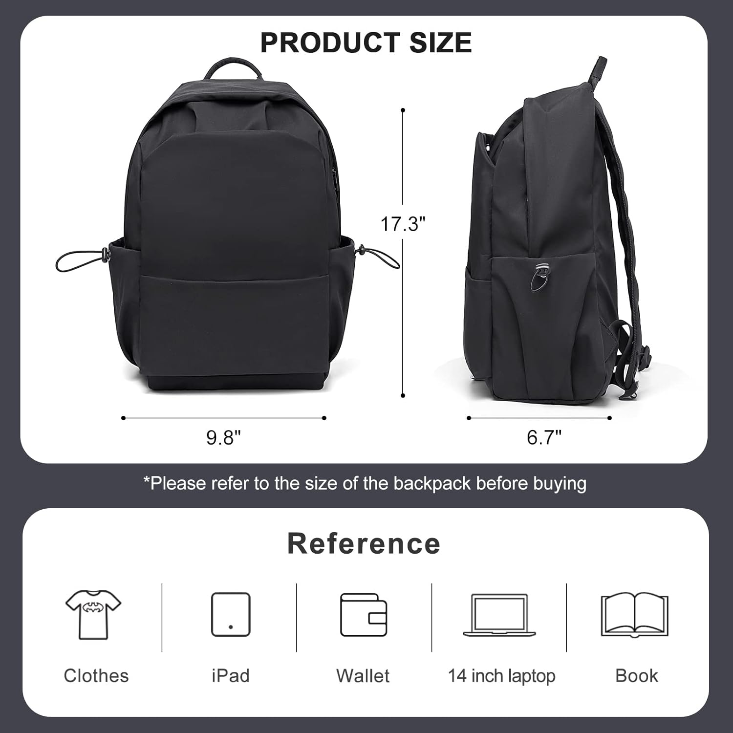 coofay Black Carry on Backpack For Women Men Waterproof College Gym Backpack Lightweight Small Travel Backpack Rucksack Casual Daypack Laptop Backpacks Hiking Backpack - Image 2