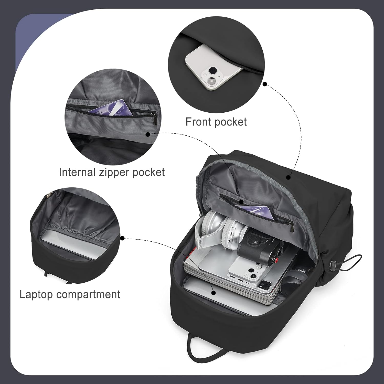 coofay Black Carry on Backpack For Women Men Waterproof College Gym Backpack Lightweight Small Travel Backpack Rucksack Casual Daypack Laptop Backpacks Hiking Backpack - Image 3