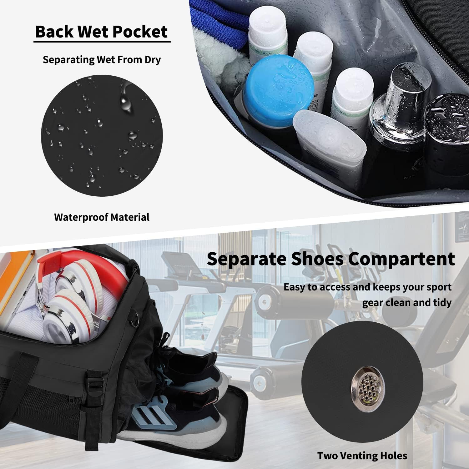 Eackrola Large Sports Gym Bag, Travel Duffel bag with Wet Pocket & Shoes Compartment for men women, 65L, Lightweight - Image 4
