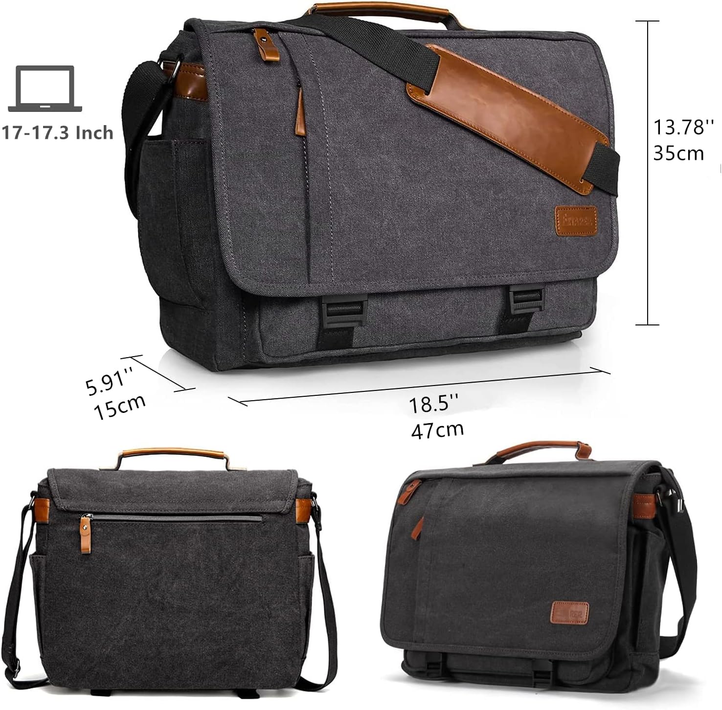 ESTARER Computer Messenger Bag 17-17.3 Inch Water-resistant Canvas Laptop Shoulder Bag for Travel Work College New Version, Grey - Image 5