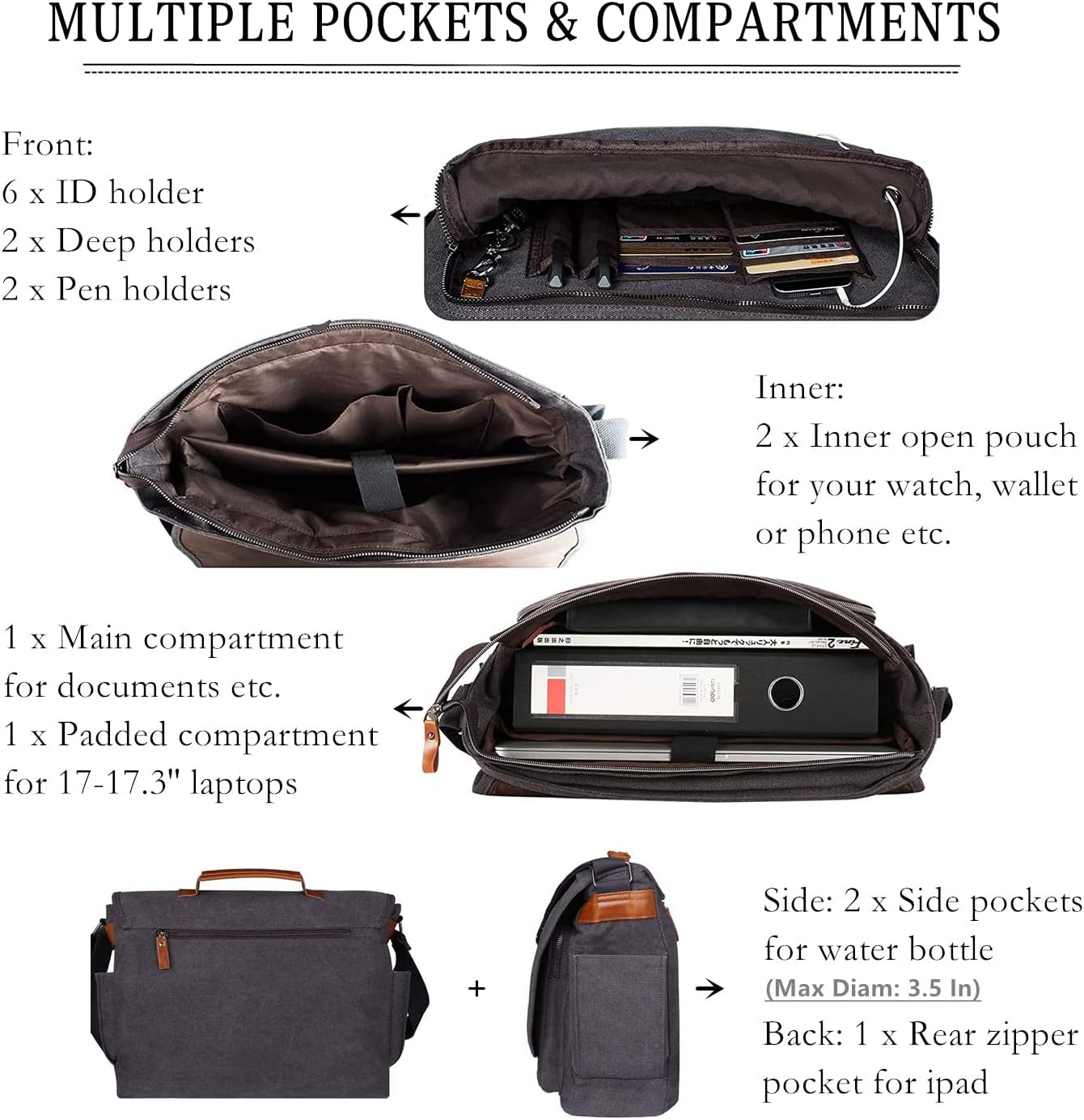 ESTARER Computer Messenger Bag 17-17.3 Inch Water-resistant Canvas Laptop Shoulder Bag for Travel Work College New Version, Grey - Image 4