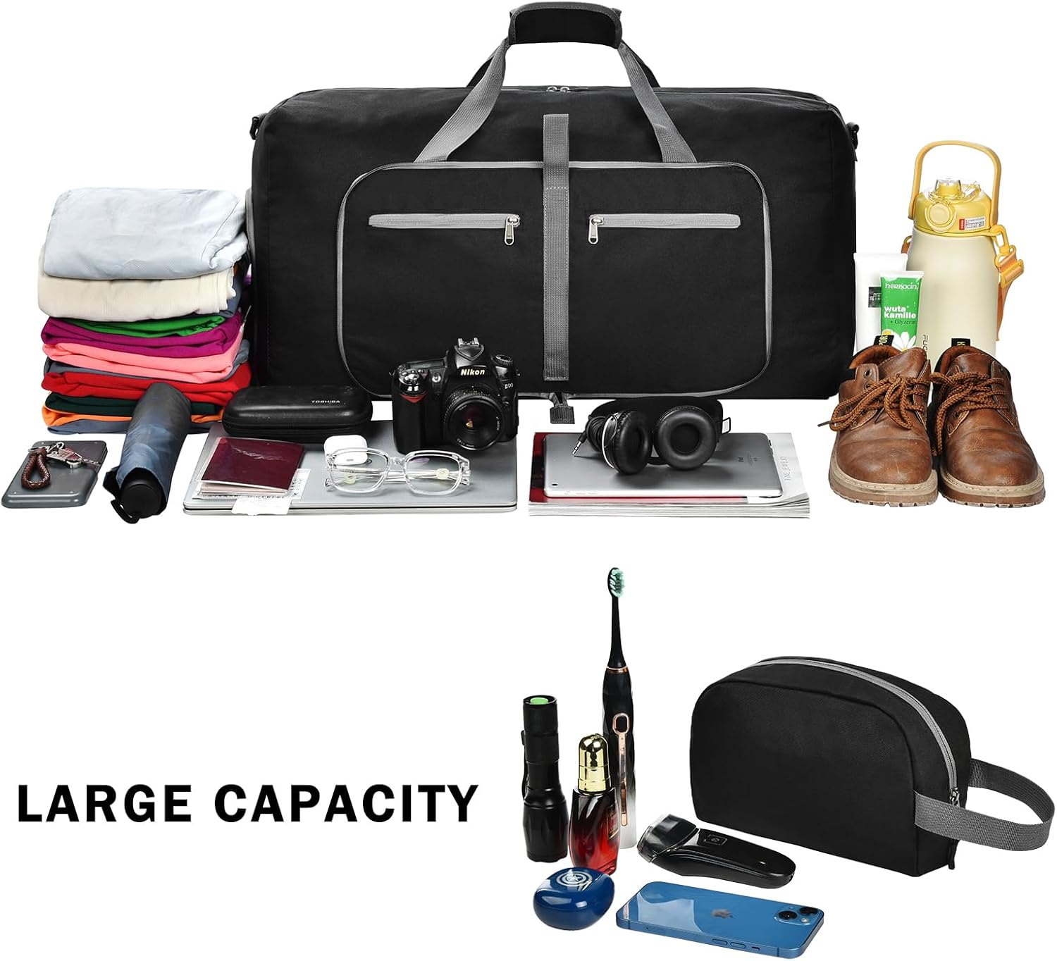 Felipe Varela 65L Duffle Bag with Shoes Compartment and Adjustable Strap,Foldable Travel Duffel Bags for Men Women,Waterproof Duffel Bags - Image 6