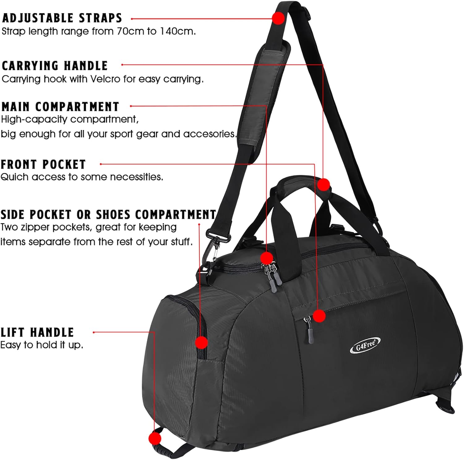 G4Free 40L 3-Way Duffle Bag Backpack Gym Bag for Men Women Sports Duffel Bag with Shoe Compartment Travel Backpack Luggage - Image 5