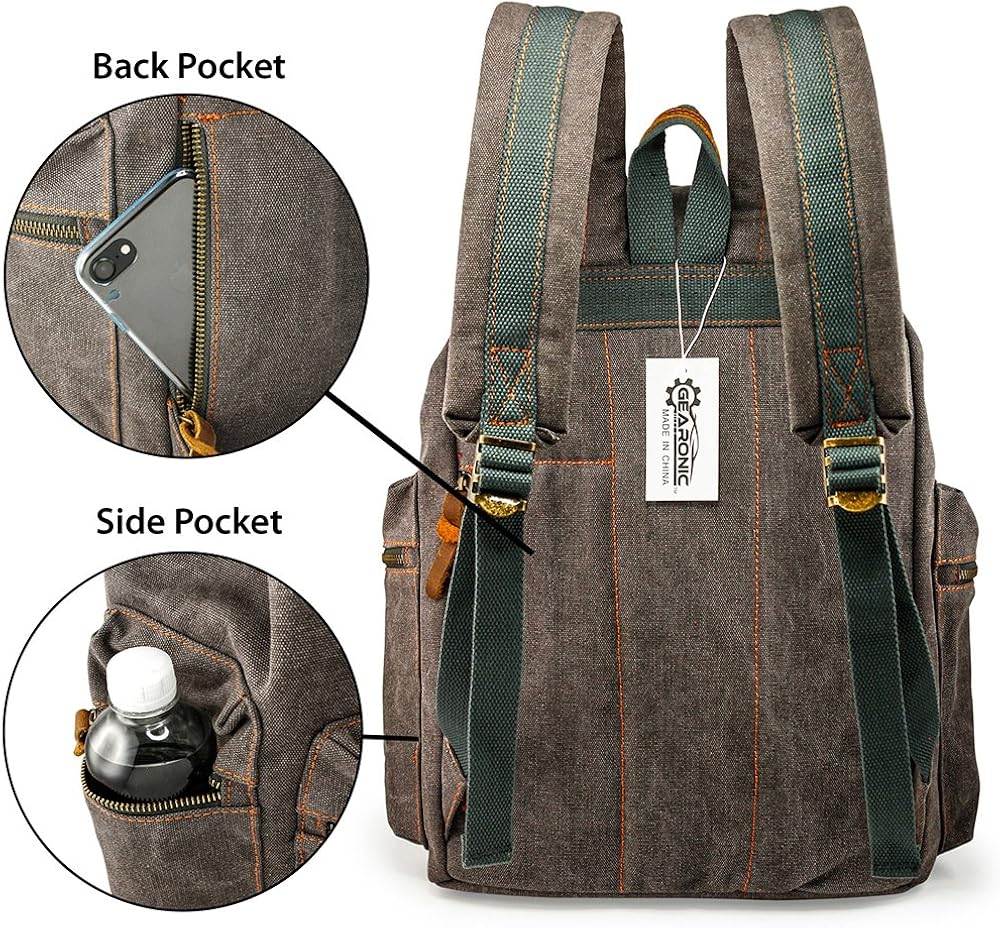 GEARONIC 21L Vintage Canvas Backpack Leather Rucksack Knapsack 15inch Laptop Tote Satchel College Shoulder Hiking Bag - Image 2