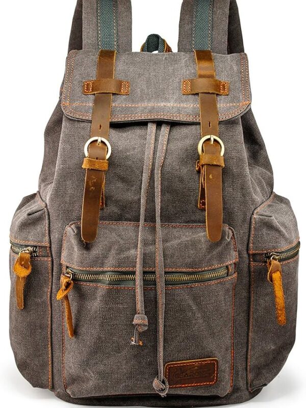 GEARONIC 21L Vintage Canvas Backpack Leather Rucksack Knapsack 15inch Laptop Tote Satchel College Shoulder Hiking Bag