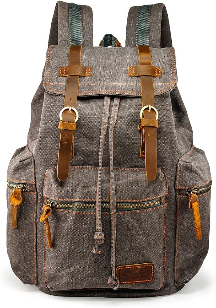 GEARONIC 21L Vintage Canvas Backpack Leather Rucksack Knapsack 15inch Laptop Tote Satchel College Shoulder Hiking Bag
