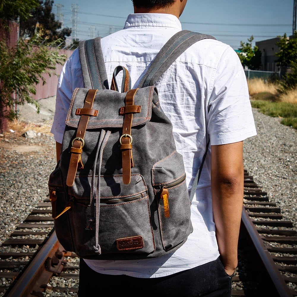 GEARONIC 21L Vintage Canvas Backpack Leather Rucksack Knapsack 15inch Laptop Tote Satchel College Shoulder Hiking Bag - Image 6