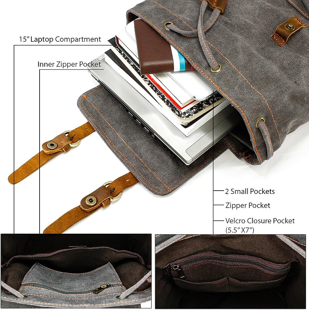 GEARONIC 21L Vintage Canvas Backpack Leather Rucksack Knapsack 15inch Laptop Tote Satchel College Shoulder Hiking Bag - Image 4
