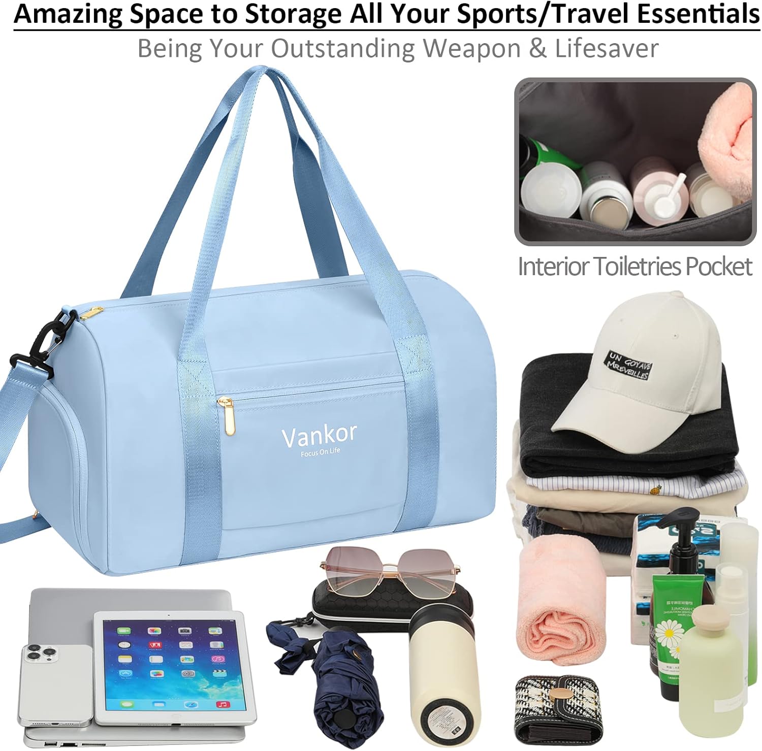 Gym Bag for Women with Shoe Compartment Waterproof, Sports Duffle Bag for Travel Duffel Weekender Carry on Beach Yoga Overnight Luggage Mommy Maternity Hospital Bag Blue 17.50 Inch - Image 4