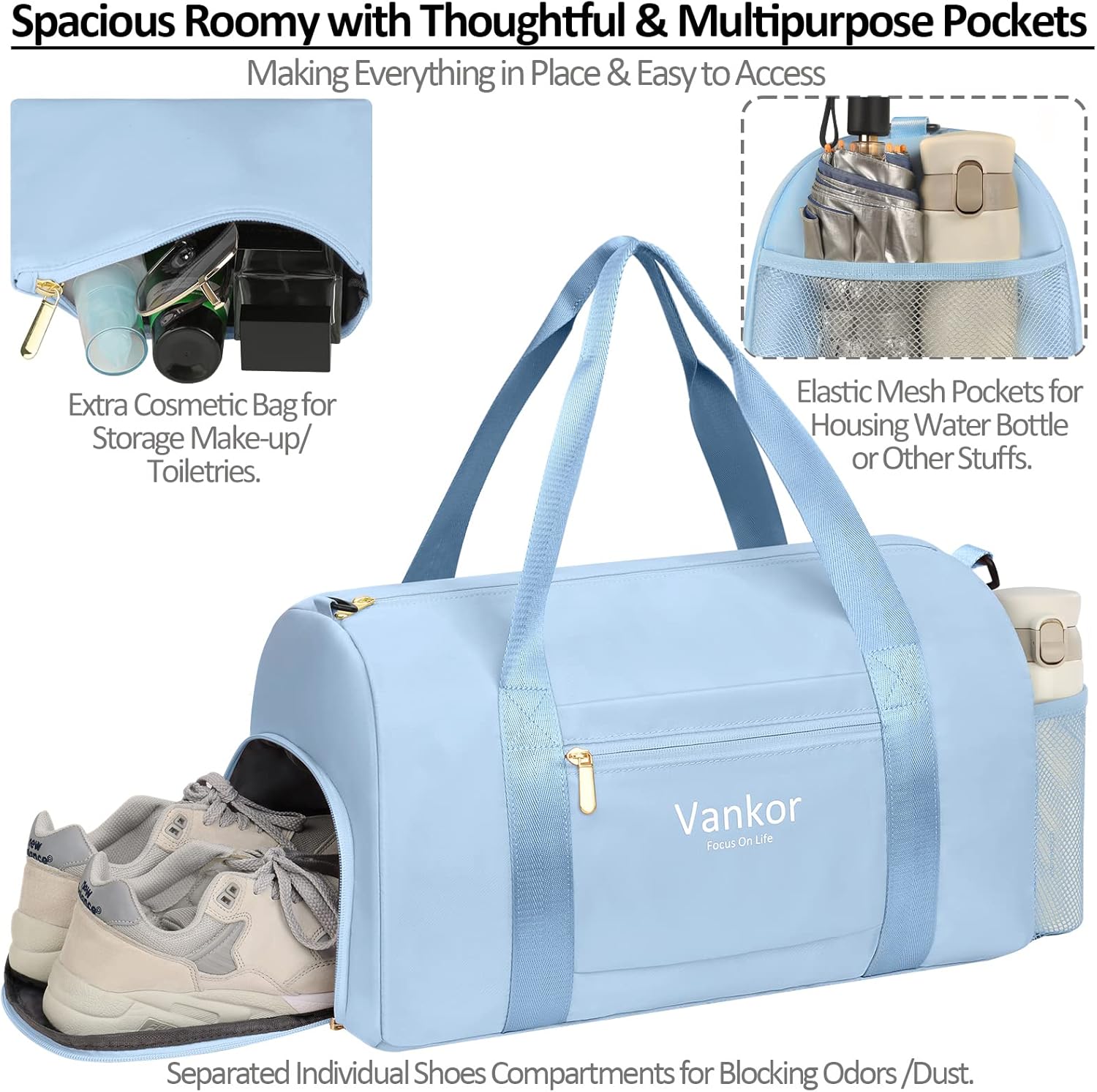 Gym Bag for Women with Shoe Compartment Waterproof, Sports Duffle Bag for Travel Duffel Weekender Carry on Beach Yoga Overnight Luggage Mommy Maternity Hospital Bag Blue 17.50 Inch - Image 3