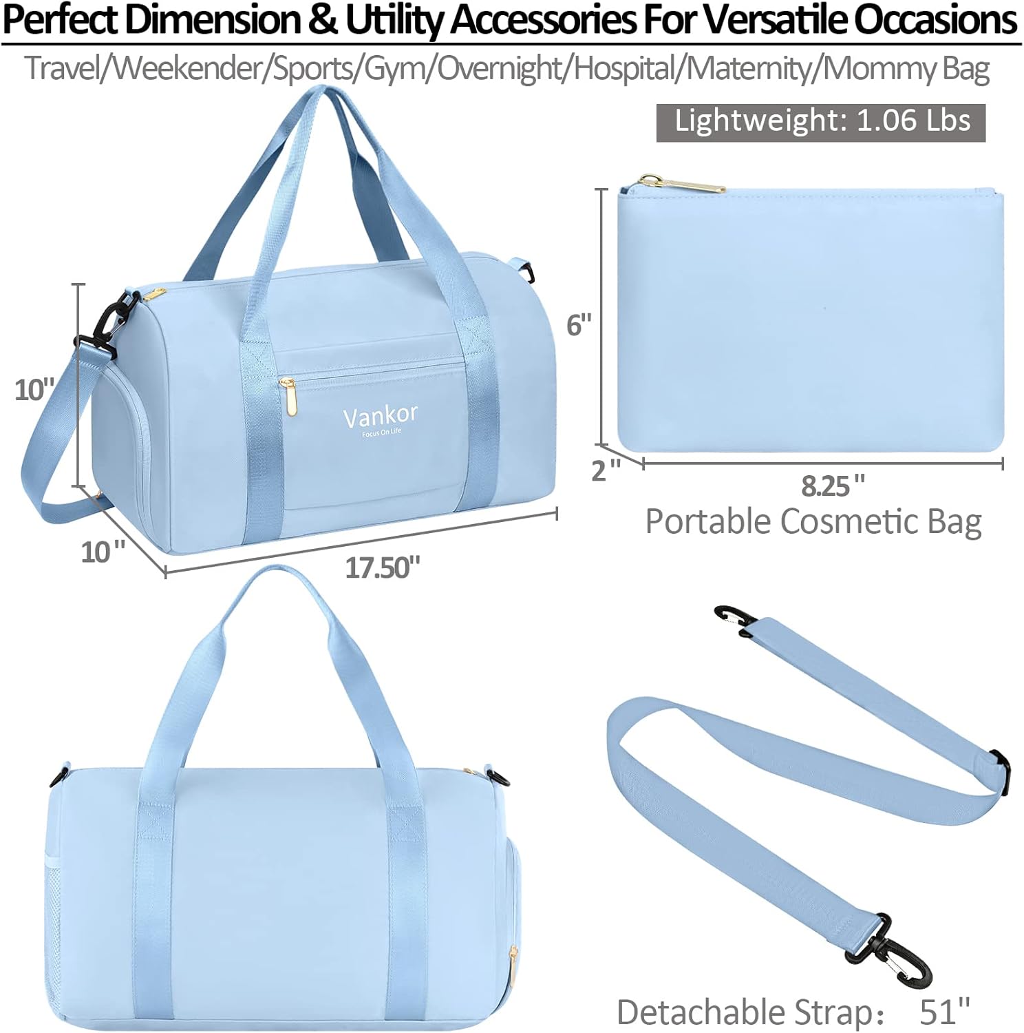 Gym Bag for Women with Shoe Compartment Waterproof, Sports Duffle Bag for Travel Duffel Weekender Carry on Beach Yoga Overnight Luggage Mommy Maternity Hospital Bag Blue 17.50 Inch - Image 2