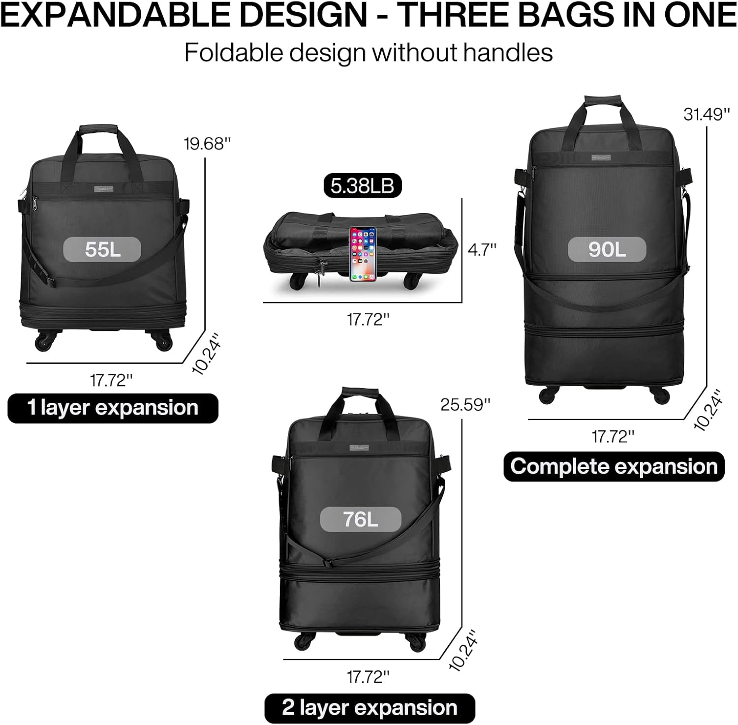 Hanke Expandable Foldable Luggage Bag Suitcase Collapsible Rolling Travel Luggage Bag Duffel Bag for Men Women Lightweight Suitcases - Image 2