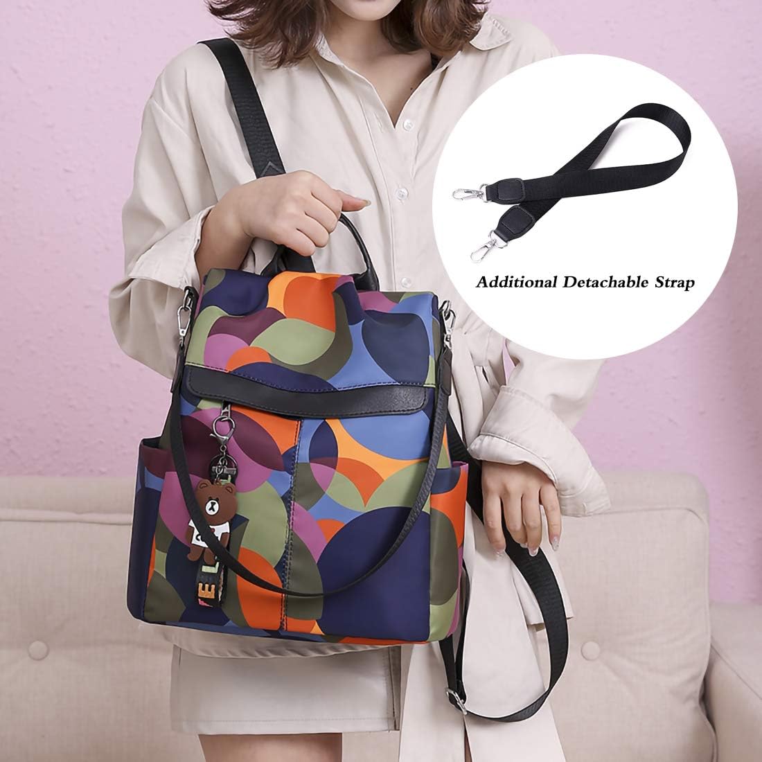 HAOOT Fashion Backpack for Women Waterproof Rucksack Daypack Anti-theft Shoulder Bag Handbag Casual Travel Bag Hiking Backpack Purse with Pom Pom Keychain - Image 7