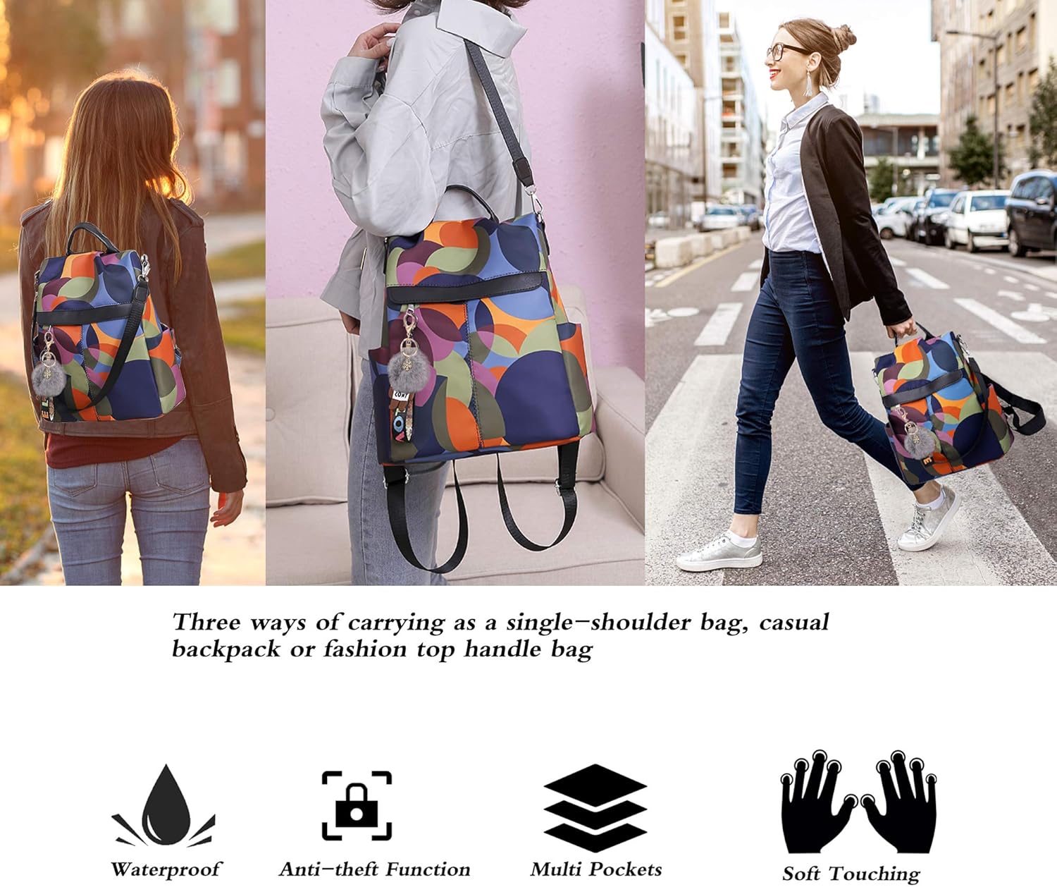 HAOOT Fashion Backpack for Women Waterproof Rucksack Daypack Anti-theft Shoulder Bag Handbag Casual Travel Bag Hiking Backpack Purse with Pom Pom Keychain - Image 2