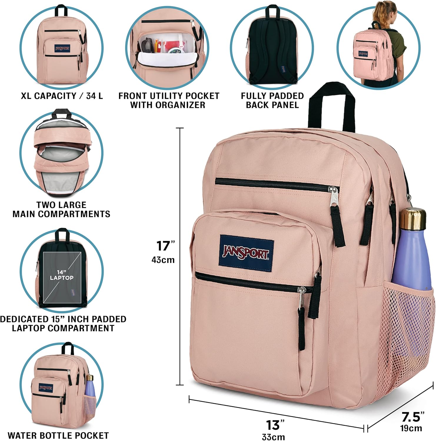 JanSport Big Laptop Backpack for College - Computer Bag with 2 Compartments, Ergonomic Shoulder Straps, 15\u201D Laptop Sleeve, Haul Handle - Book Rucksack, Russet Red - Image 3