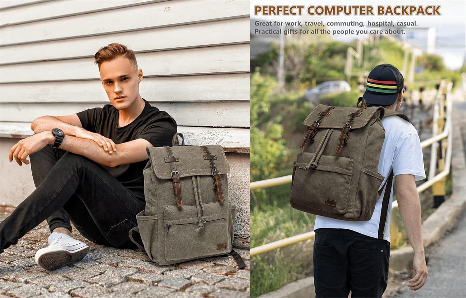 JIELV Canvas Vintage Backpack,Mens Travel Rucksack,Casual Daypack Bookbag for Laptop Work Travel Hiking(Army Green) - Image 2