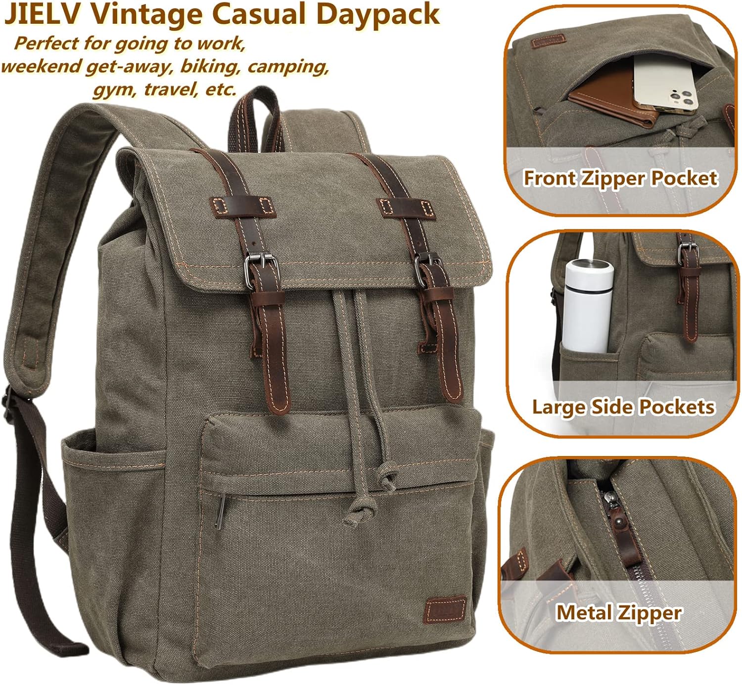 JIELV Canvas Vintage Backpack,Mens Travel Rucksack,Casual Daypack Bookbag for Laptop Work Travel Hiking(Army Green) - Image 4