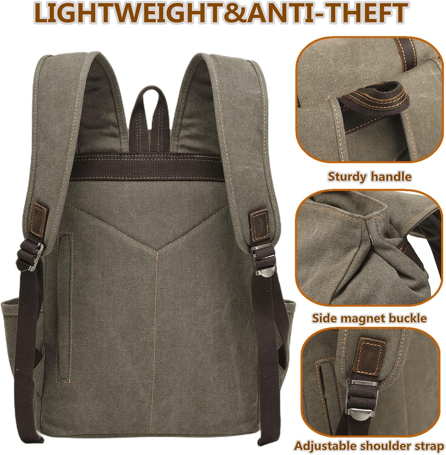 JIELV Canvas Vintage Backpack,Mens Travel Rucksack,Casual Daypack Bookbag for Laptop Work Travel Hiking(Army Green) - Image 6