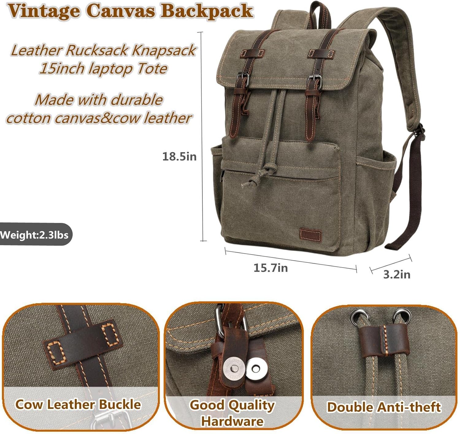 JIELV Canvas Vintage Backpack,Mens Travel Rucksack,Casual Daypack Bookbag for Laptop Work Travel Hiking(Army Green) - Image 3