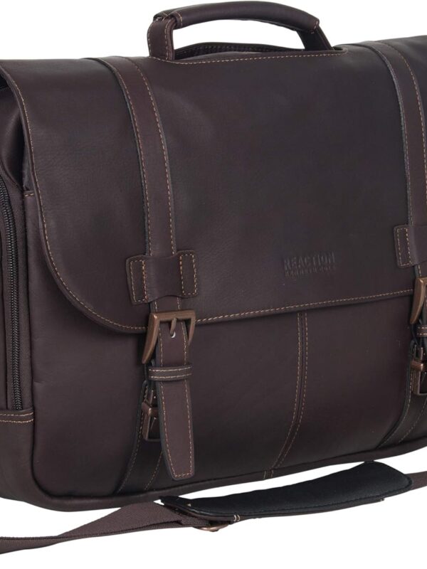 KENNETH COLE REACTION Show Business Messenger Briefcase Colombian Leather 16\u201D Laptop Computer Portfolio Satchel Work Bag, Includes Card Holders, Dark Brown, One Size