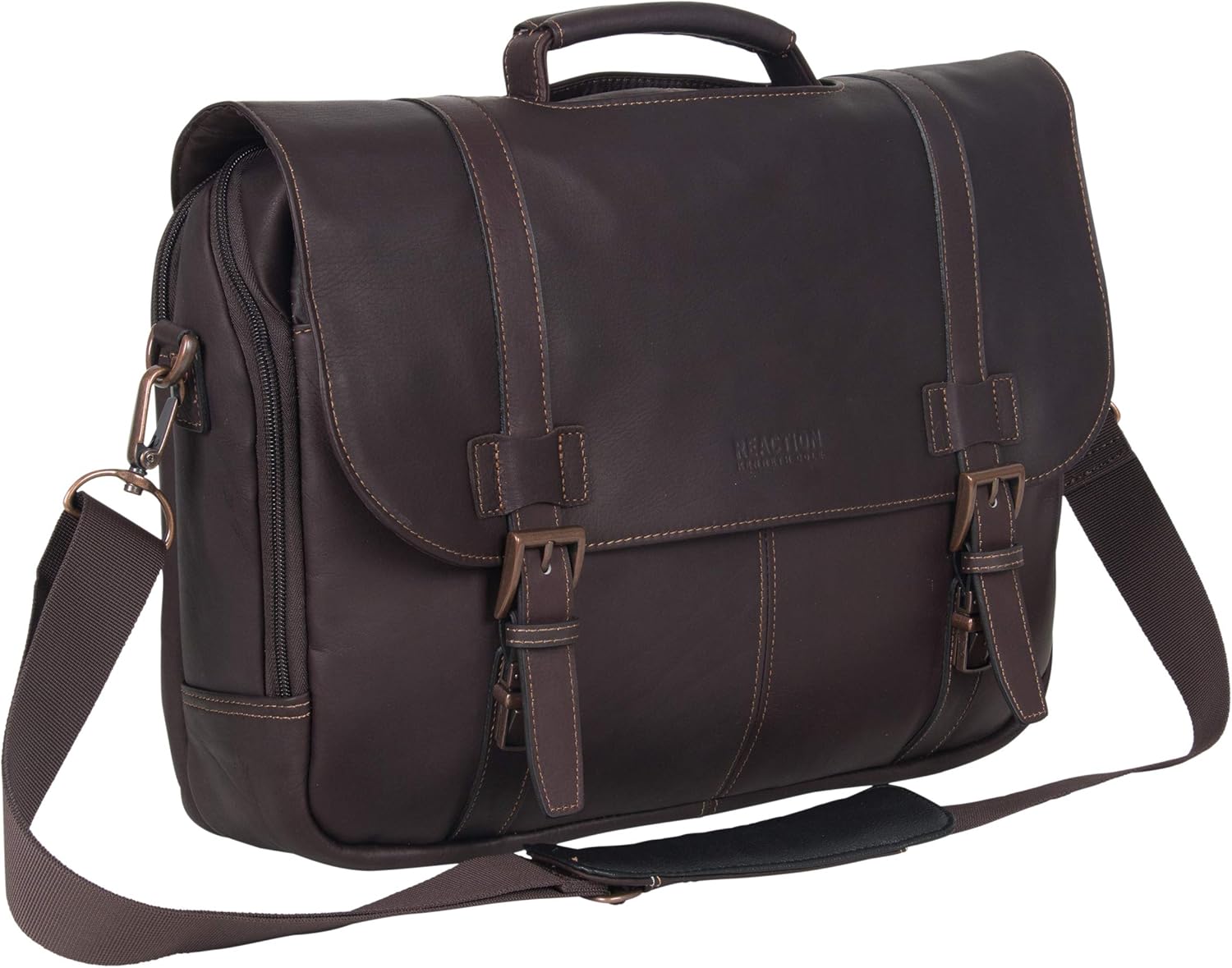 KENNETH COLE REACTION Show Business Messenger Briefcase Colombian Leather 16\u201D Laptop Computer Portfolio Satchel Work Bag, Includes Card Holders, Dark Brown, One Size