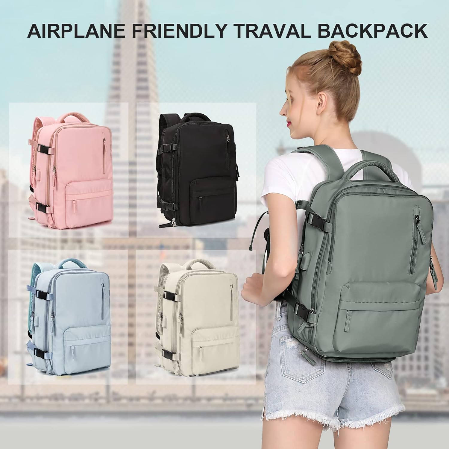 Large Travel Backpack Women, Carry On Backpack,Hiking Backpack Waterproof Outdoor Sports Rucksack Casual Daypack Fit 14 Inch Laptop with USB Charging Port Shoes Compartment, Green - Image 7