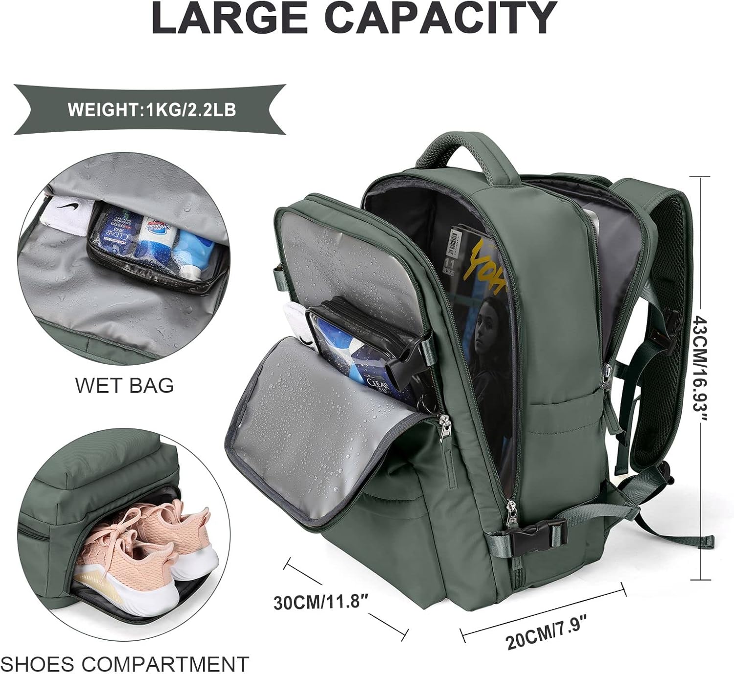 Large Travel Backpack Women, Carry On Backpack,Hiking Backpack Waterproof Outdoor Sports Rucksack Casual Daypack Fit 14 Inch Laptop with USB Charging Port Shoes Compartment, Green - Image 2