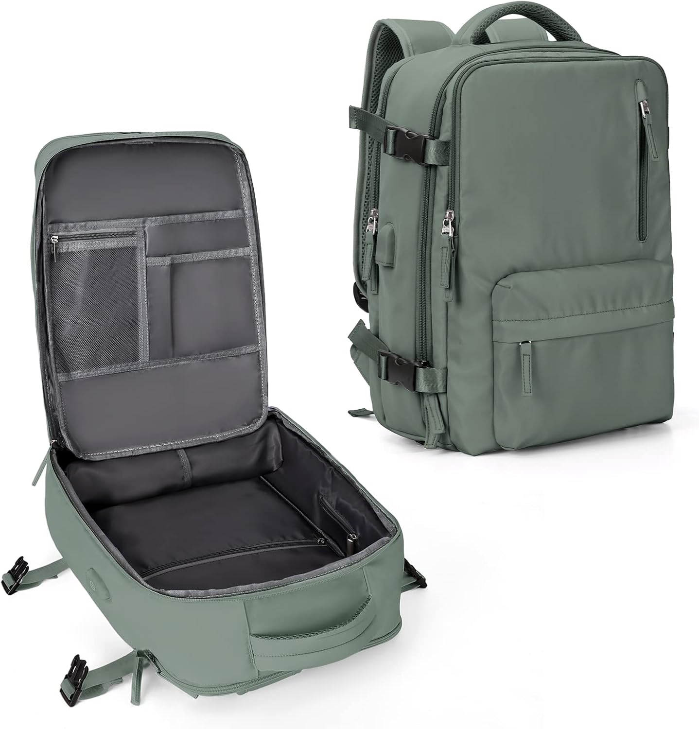 Large Travel Backpack Women, Carry On Backpack,Hiking Backpack Waterproof Outdoor Sports Rucksack Casual Daypack Fit 14 Inch Laptop with USB Charging Port Shoes Compartment, Green