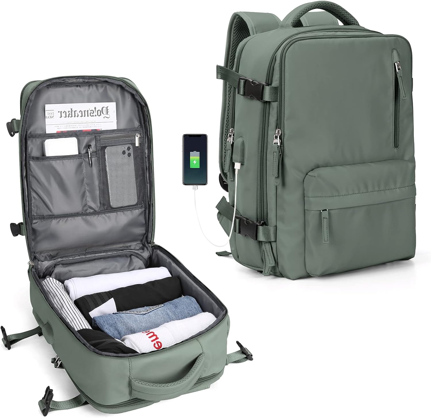 Large Travel Backpack Women, Carry On Backpack,Hiking Backpack Waterproof Outdoor Sports Rucksack Casual Daypack Fit 14 Inch Laptop with USB Charging Port Shoes Compartment, Green - Image 8