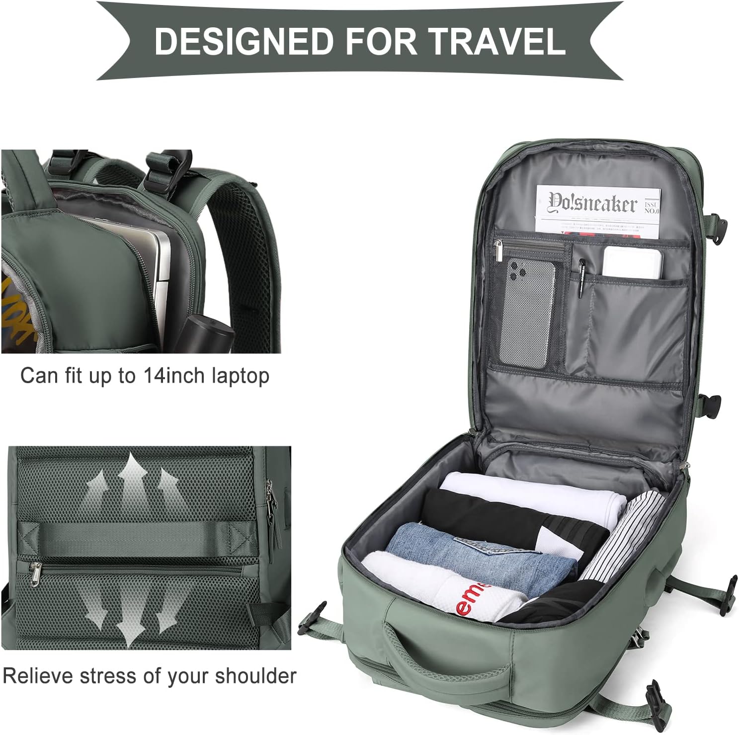 Large Travel Backpack Women, Carry On Backpack,Hiking Backpack Waterproof Outdoor Sports Rucksack Casual Daypack Fit 14 Inch Laptop with USB Charging Port Shoes Compartment, Green - Image 5