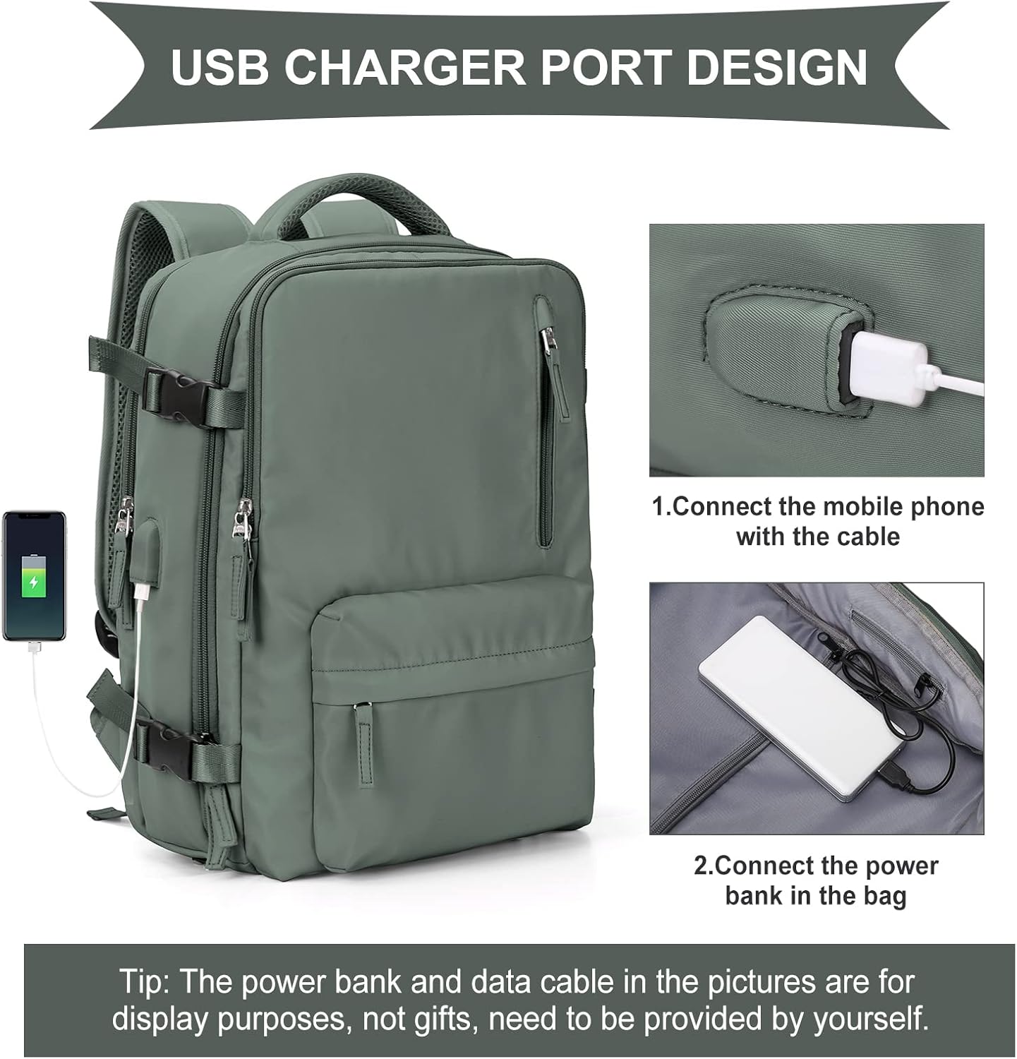 Large Travel Backpack Women, Carry On Backpack,Hiking Backpack Waterproof Outdoor Sports Rucksack Casual Daypack Fit 14 Inch Laptop with USB Charging Port Shoes Compartment, Green - Image 3
