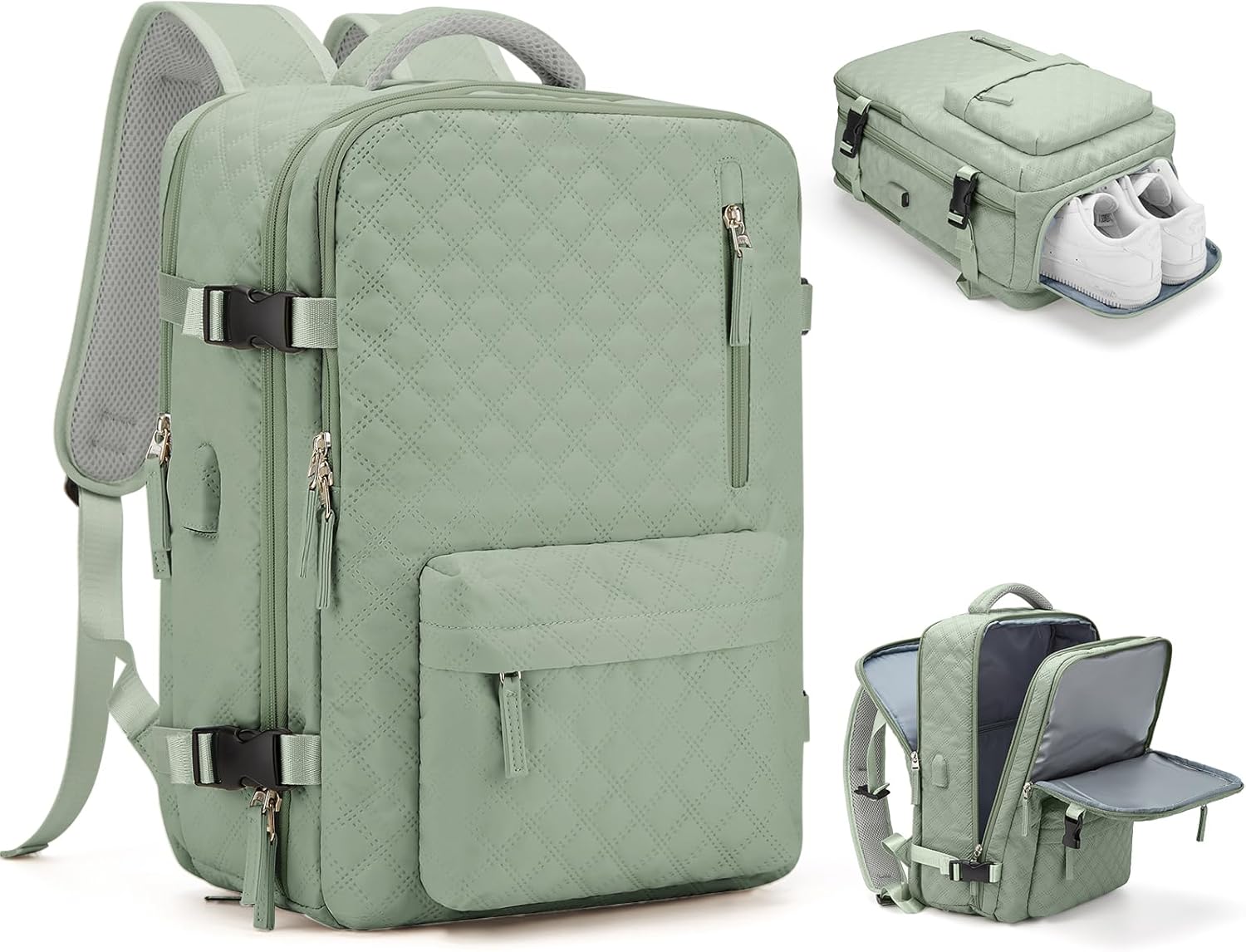 Large Travel Backpack Women, Carry On Backpack,Hiking Backpack Waterproof Outdoor Sports Rucksack Casual Daypack Fit 14 Inch Laptop with USB Charging Port Shoes Compartment, Green - Image 22