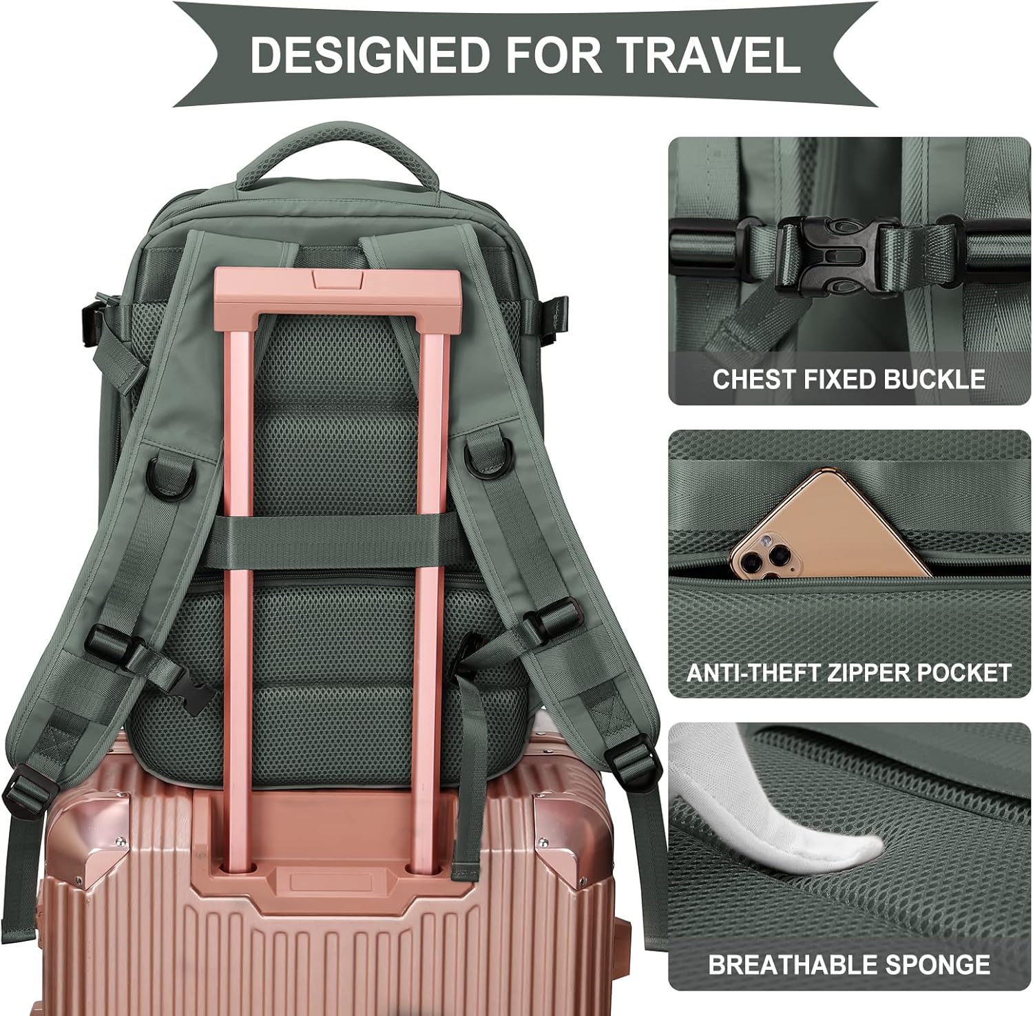 Large Travel Backpack Women, Carry On Backpack,Hiking Backpack Waterproof Outdoor Sports Rucksack Casual Daypack Fit 14 Inch Laptop with USB Charging Port Shoes Compartment, Green - Image 4