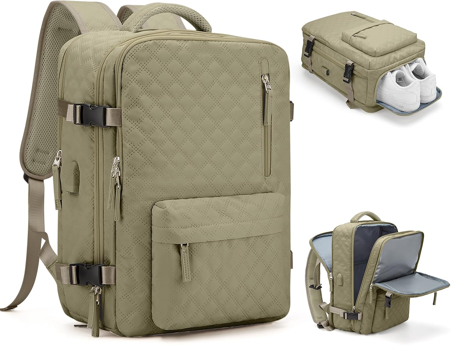 Large Travel Backpack Women, Carry On Backpack,Hiking Backpack Waterproof Outdoor Sports Rucksack Casual Daypack Fit 14 Inch Laptop with USB Charging Port Shoes Compartment, Green - Image 21