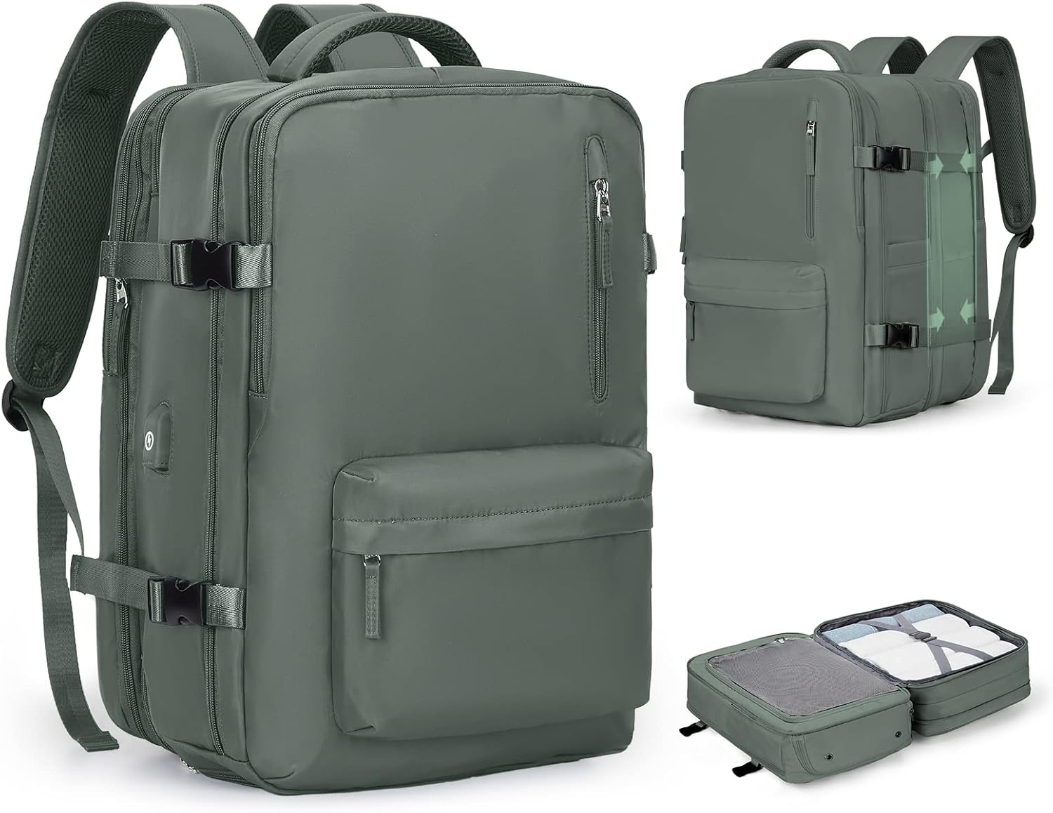 Large Travel Backpack Women, Carry On Backpack,Hiking Backpack Waterproof Outdoor Sports Rucksack Casual Daypack Fit 14 Inch Laptop with USB Charging Port Shoes Compartment, Green - Image 37