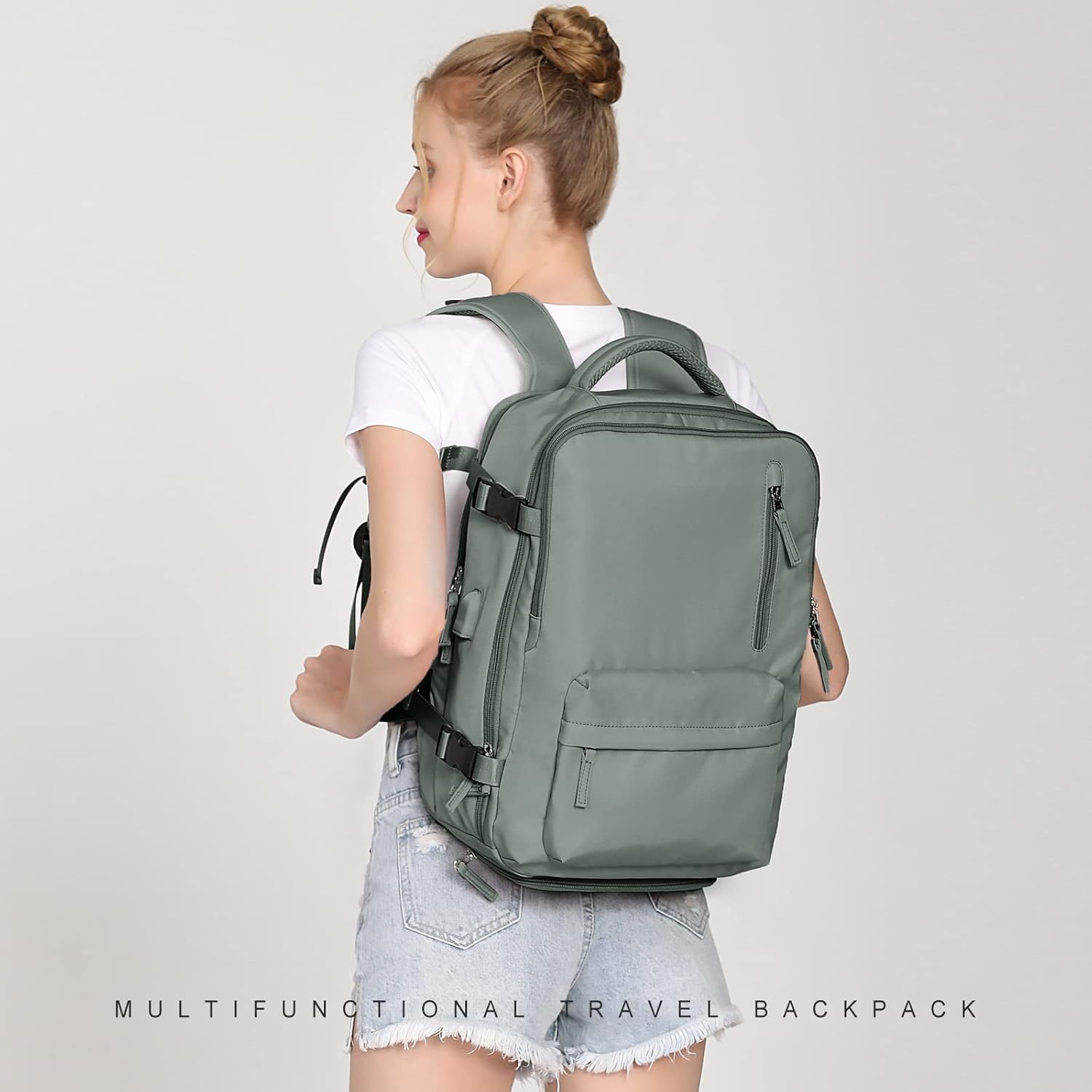 Large Travel Backpack Women, Carry On Backpack,Hiking Backpack Waterproof Outdoor Sports Rucksack Casual Daypack Fit 14 Inch Laptop with USB Charging Port Shoes Compartment, Green - Image 6