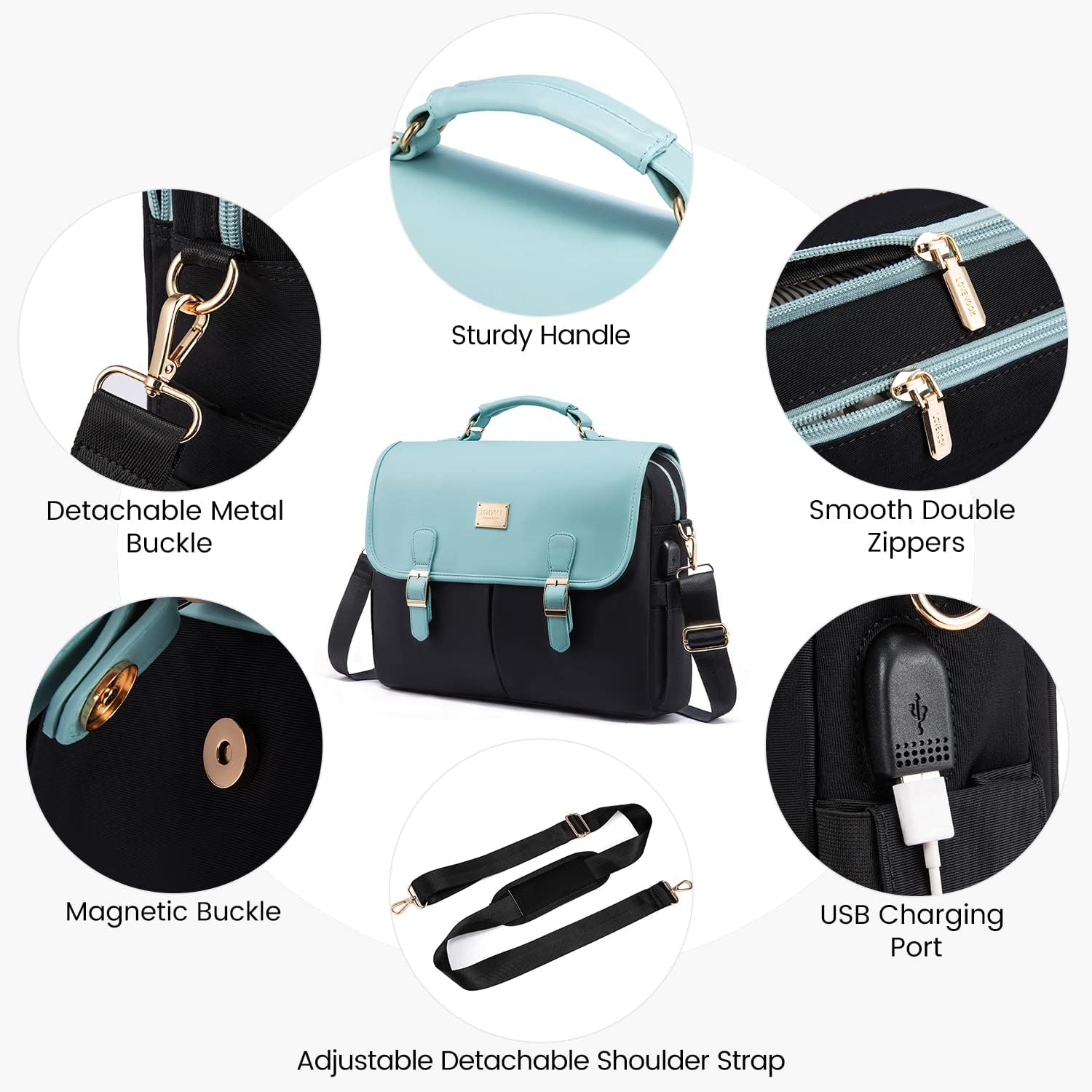 LOVEVOOK Laptop Bag for Women, 15.6 inch Large Capacity Computer Briefcase Case, Crossbody Messenger Bag, Office Business Work Bags Purse for Travel Gifts, Mint Green-black - Image 5
