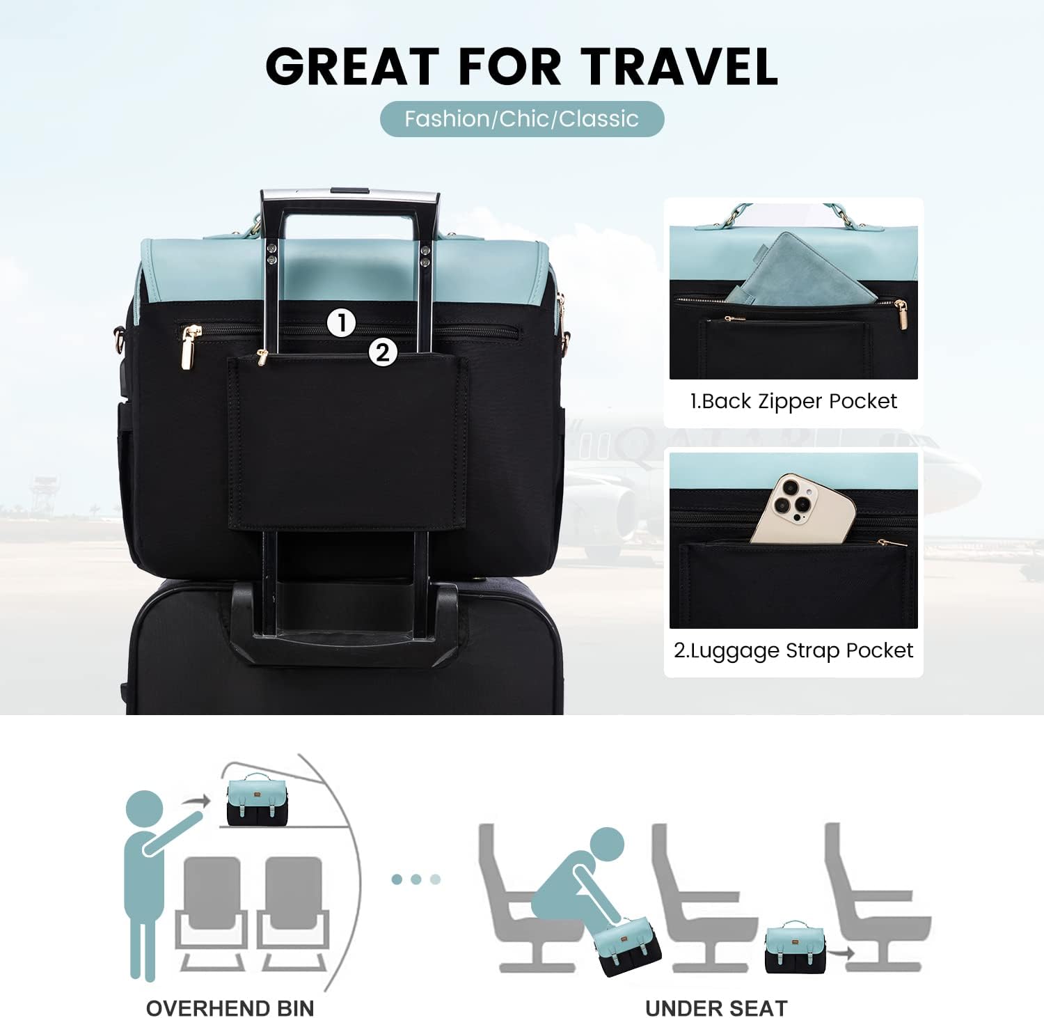 LOVEVOOK Laptop Bag for Women, 15.6 inch Large Capacity Computer Briefcase Case, Crossbody Messenger Bag, Office Business Work Bags Purse for Travel Gifts, Mint Green-black - Image 6