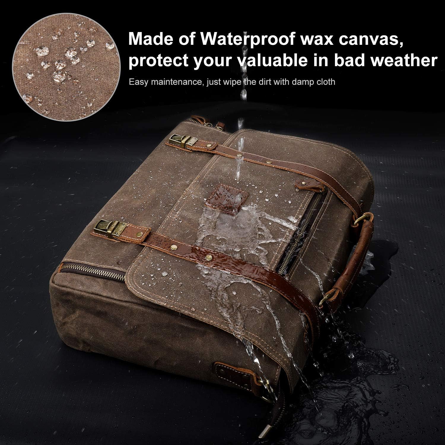 Manificent Laptop Messenger bag for Mens 15.6 Inch, Waterproof Vintage Genuine Leather Mens Briefcase shoulder bag 16 Storage Pockets, Waxed Canvas Leather Computer Business Satchel Work Bag (Brown) - Image 2