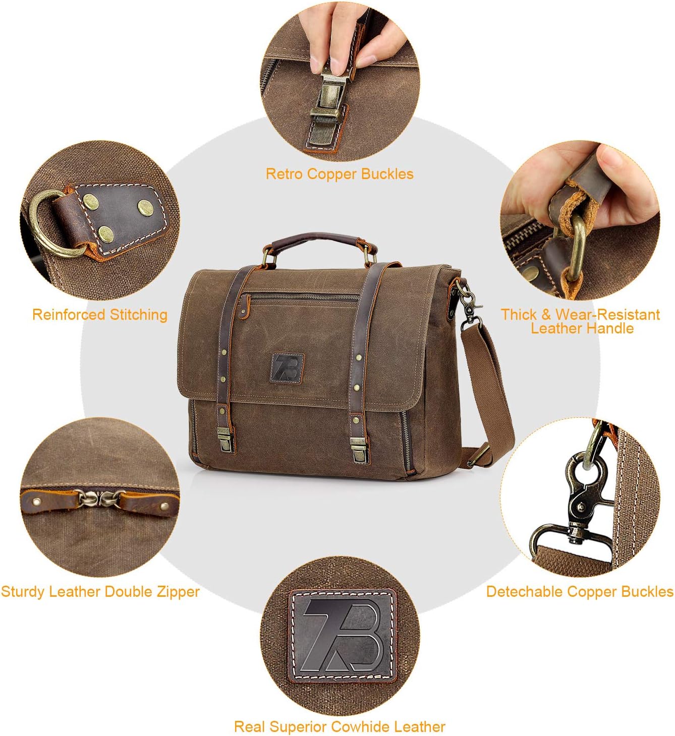 Manificent Laptop Messenger bag for Mens 15.6 Inch, Waterproof Vintage Genuine Leather Mens Briefcase shoulder bag 16 Storage Pockets, Waxed Canvas Leather Computer Business Satchel Work Bag (Brown) - Image 7