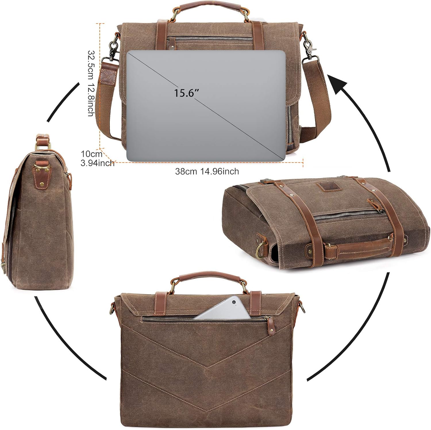 Manificent Laptop Messenger bag for Mens 15.6 Inch, Waterproof Vintage Genuine Leather Mens Briefcase shoulder bag 16 Storage Pockets, Waxed Canvas Leather Computer Business Satchel Work Bag (Brown) - Image 6