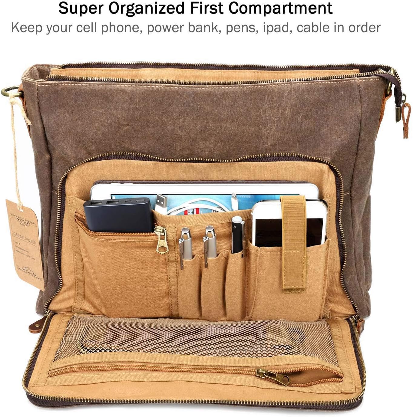 Manificent Laptop Messenger bag for Mens 15.6 Inch, Waterproof Vintage Genuine Leather Mens Briefcase shoulder bag 16 Storage Pockets, Waxed Canvas Leather Computer Business Satchel Work Bag (Brown) - Image 3
