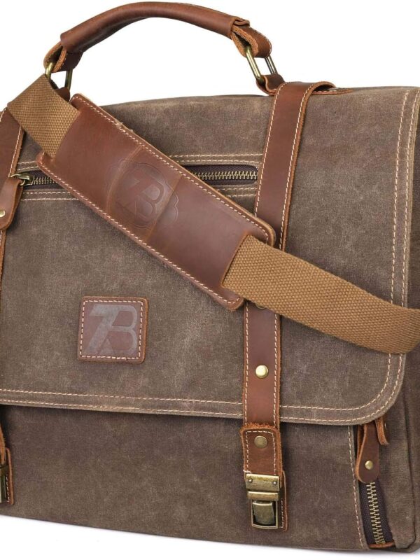Manificent Laptop Messenger bag for Mens 15.6 Inch, Waterproof Vintage Genuine Leather Mens Briefcase shoulder bag 16 Storage Pockets, Waxed Canvas Leather Computer Business Satchel Work Bag (Brown)