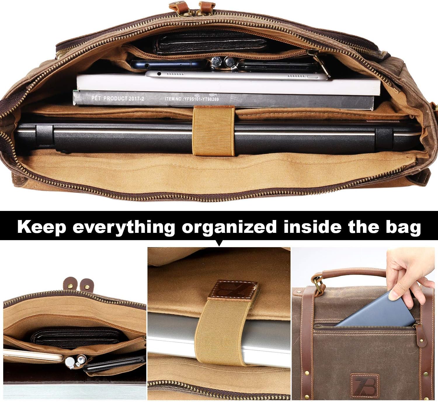 Manificent Laptop Messenger bag for Mens 15.6 Inch, Waterproof Vintage Genuine Leather Mens Briefcase shoulder bag 16 Storage Pockets, Waxed Canvas Leather Computer Business Satchel Work Bag (Brown) - Image 5